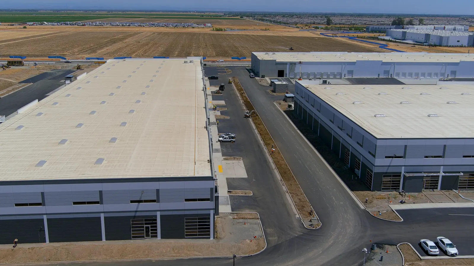 Large warehouse buildings seen from the air